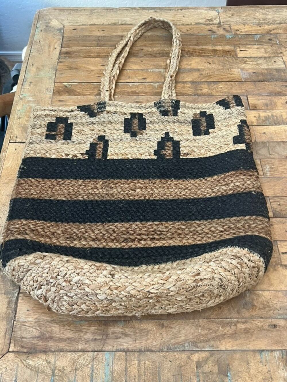 Unbranded Jute Tote Bag Large 20" Double Strap Shoulder Brown Striped 100% Jute